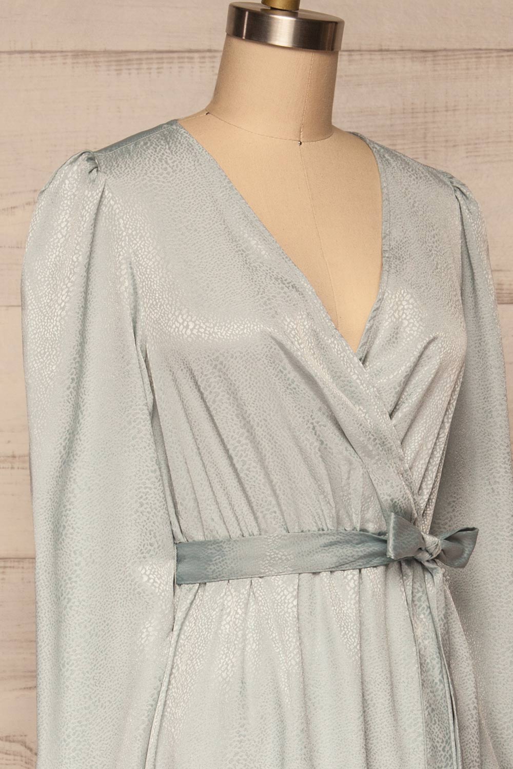 Trieste Pale Blue Satin Dress | Robe side close up | La Petite Garçonne