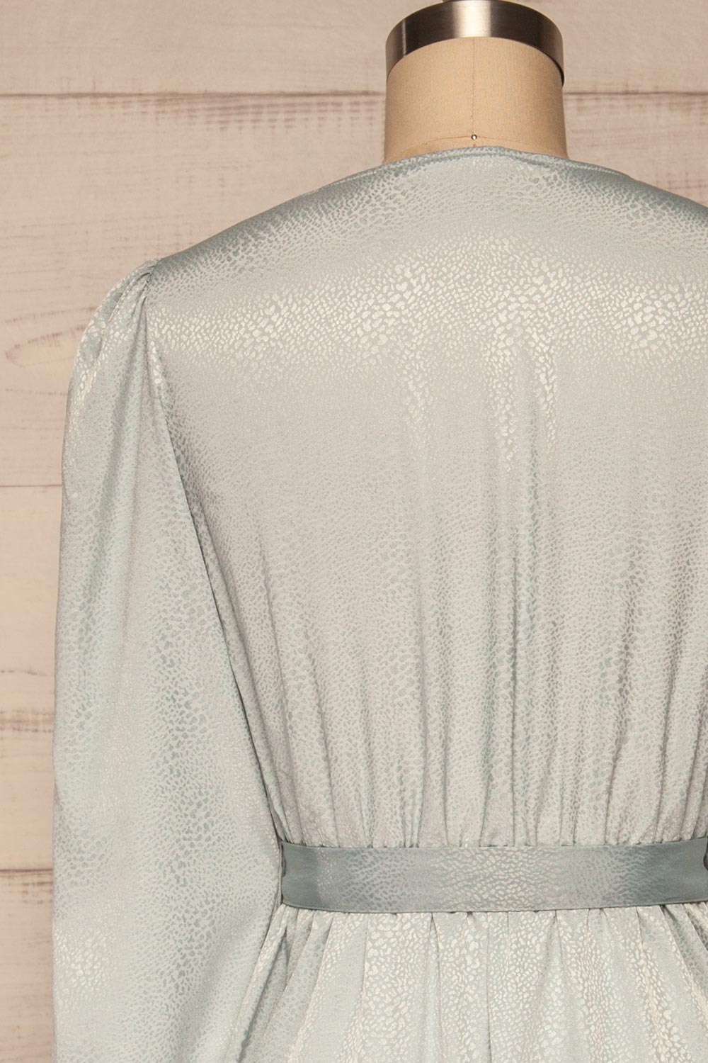 Trieste Pale Blue Satin Dress | Robe back close up | La Petite Garçonne