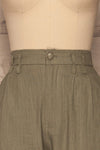 Trikala Sage Green High-Waisted Linen Pants | La petite garçonne front close-up