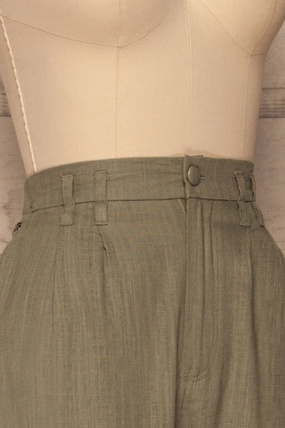 Trikala Sage Green High-Waisted Linen Pants | La petite garçonne side close-up