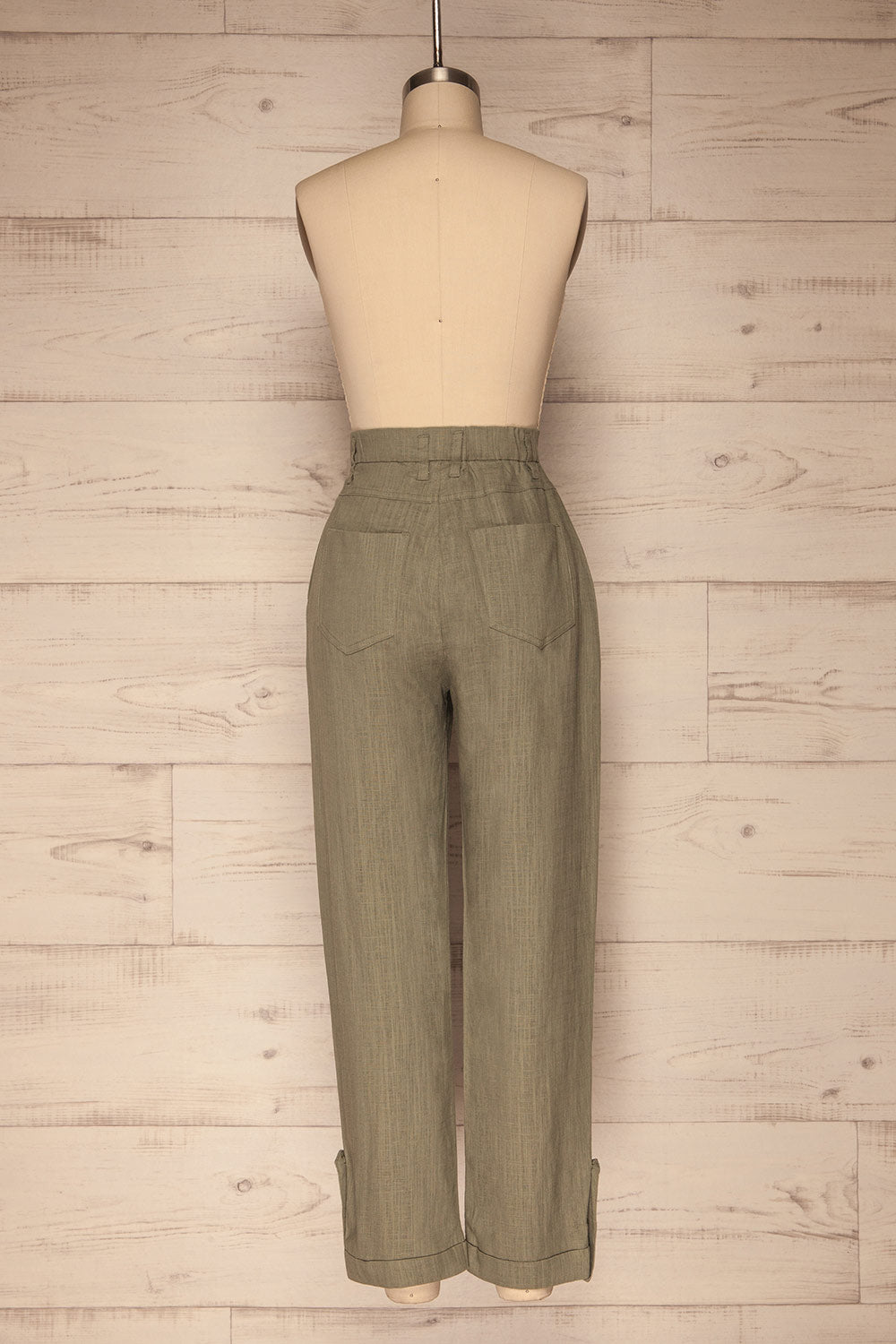 Trikala Sage Green High-Waisted Linen Pants | La petite garçonne back view