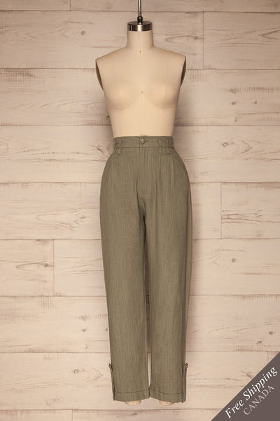 Trikala Sage Green High-Waisted Linen Pants | La petite garçonne front view