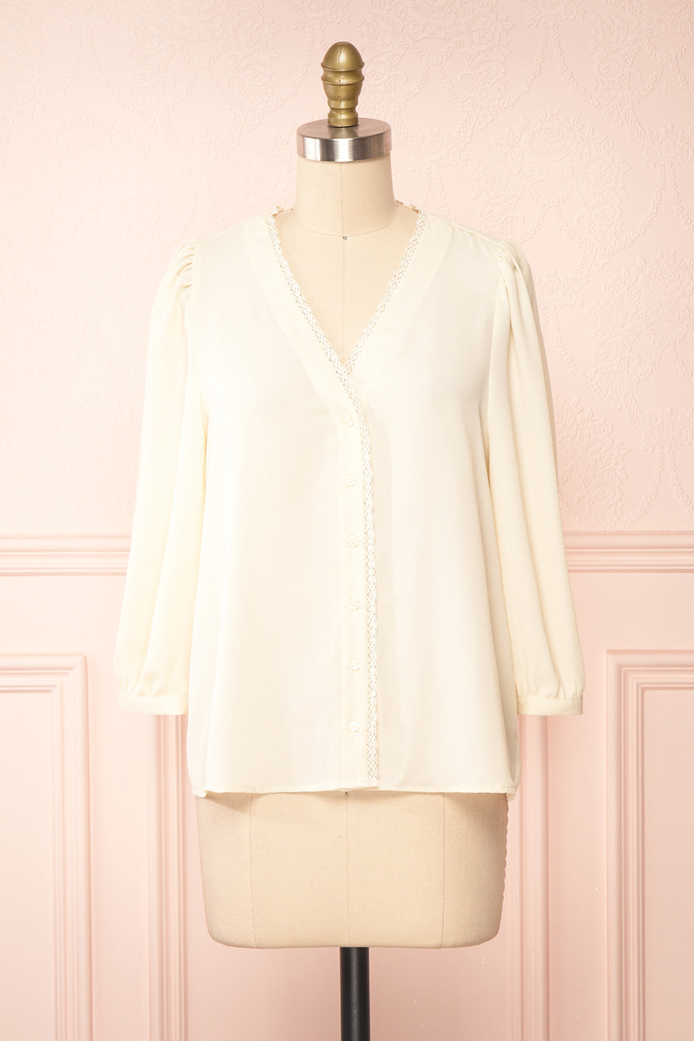 Tuleric Beige Button-up Blouse w/ Lace Detailing | Boutique 1861 front view