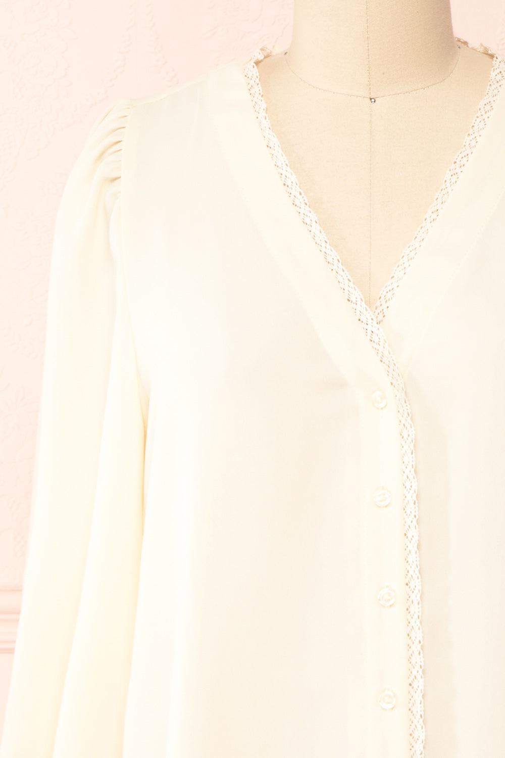 Tuleric Beige Button-up Blouse w/ Lace Detailing | Boutique 1861 front close-up