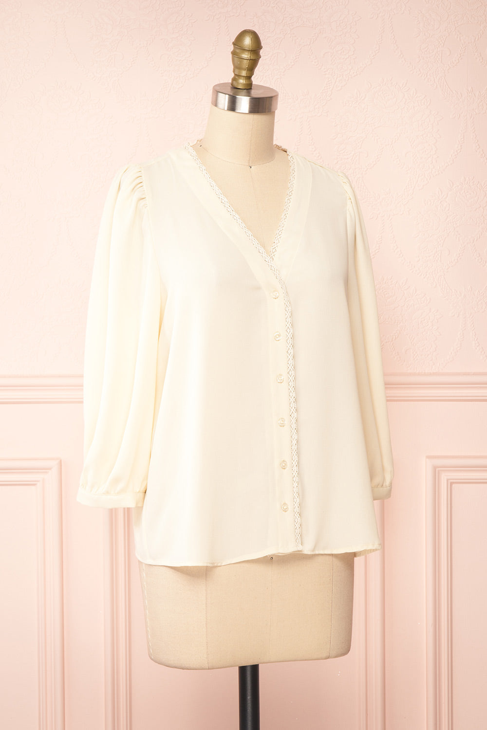 Tuleric Beige Button-up Blouse w/ Lace Detailing | Boutique 1861 side view