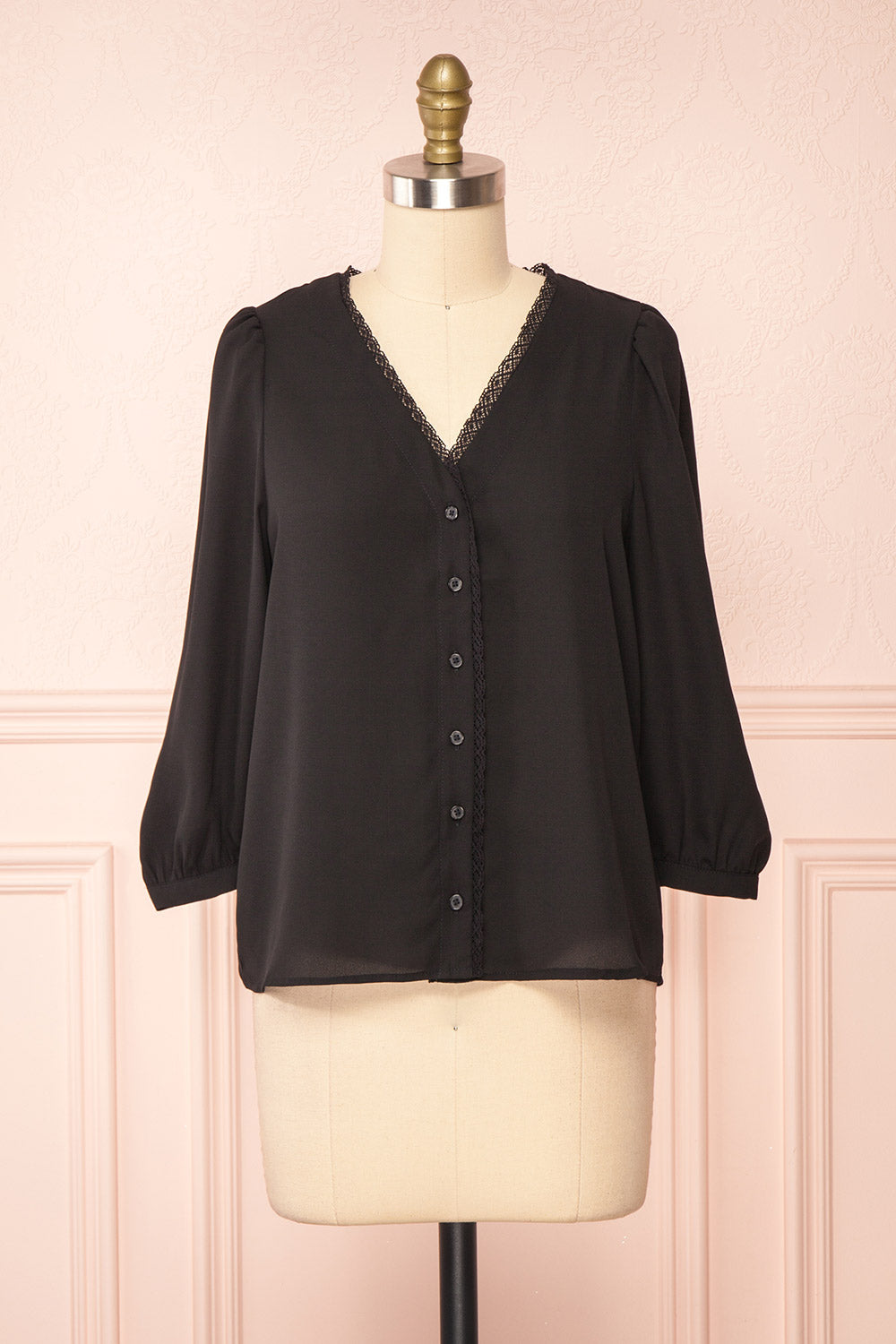 Tuleric Black Button-up Blouse w/ Lace Detailing | Boutique 1861 front view