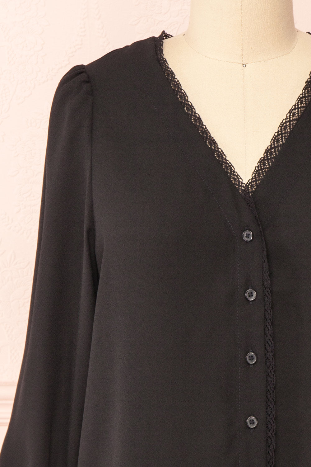 Tuleric Black Button-up Blouse w/ Lace Detailing | Boutique 1861 front close-up