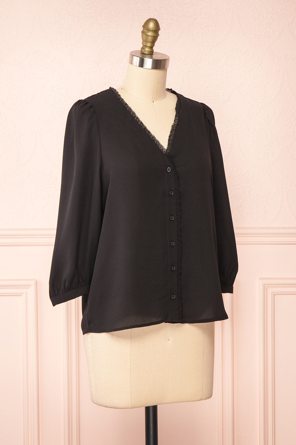 Tuleric Black Button-up Blouse w/ Lace Detailing | Boutique 1861  side view