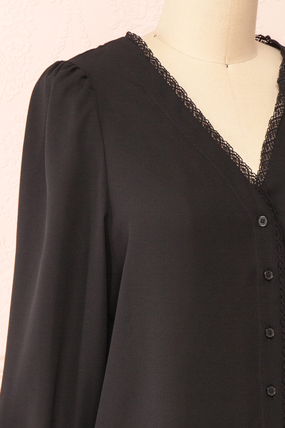 Tuleric Black Button-up Blouse w/ Lace Detailing | Boutique 1861  side close-up