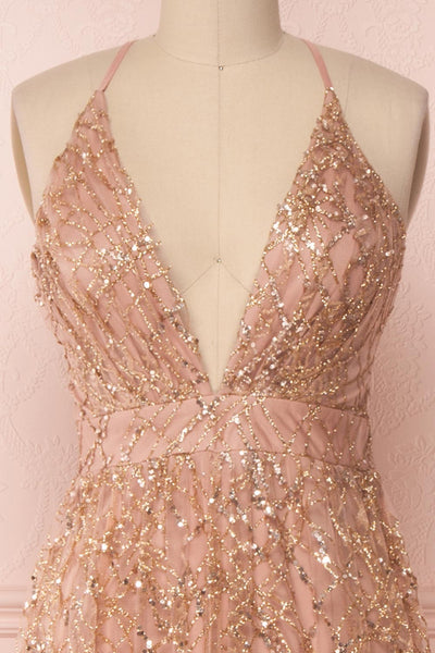 Tyffen Pink & Gold Sequin Gown with Plunging Neckline close-up | Boutique 1861