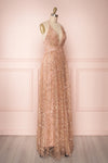 Tyffen Pink & Gold Sequin Gown with Plunging Neckline side view | Boutique 1861