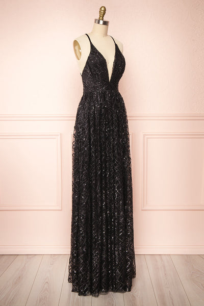 Tyffen Black Sequin Gown with Plunging Neckline | Boutique 1861 side view