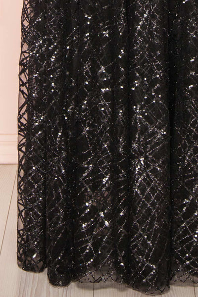 Tyffen Black Sequin Gown with Plunging Neckline | Boutique 1861 bottom close-up