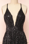 Tyffen Black Sequin Gown with Plunging Neckline | Boutique 1861 front close-up