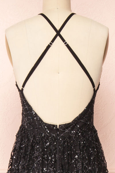 Tyffen Black Sequin Gown with Plunging Neckline | Boutique 1861 backc lose-up