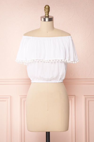 Uruyasu White Off-Shoulder Crop Top with Pompoms | Boutique 1861