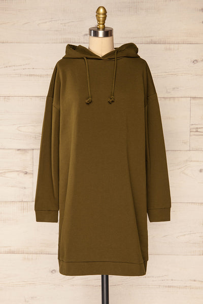 Utrec Olive Green Long Sleeve Hooded Dress | La petite garçonne front view
