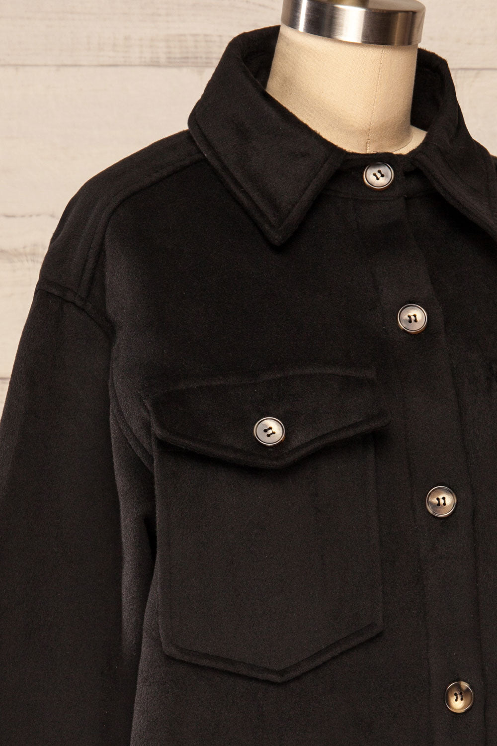 Vaagen Black Oversized Velvet Shirt Jacket | La petite garçonne side close-up