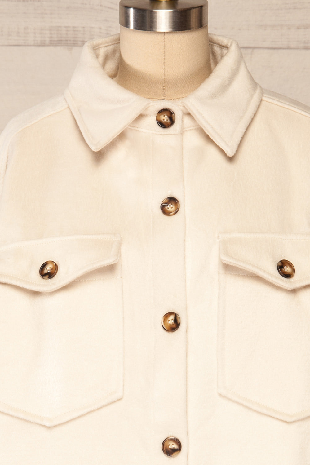 Vaagen Cream Oversized Velvet Shirt Jacket | La petite garçonne front close-up