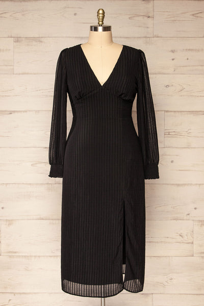 Vaciamadrid Black Stripped Midi Dress w/ Long Sleeves | La petite garçonne front plus size