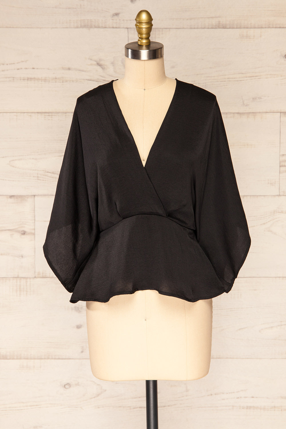 Valas Black Kimono Sleeves Wrap Neck Blouse | La petite garçonne  front view