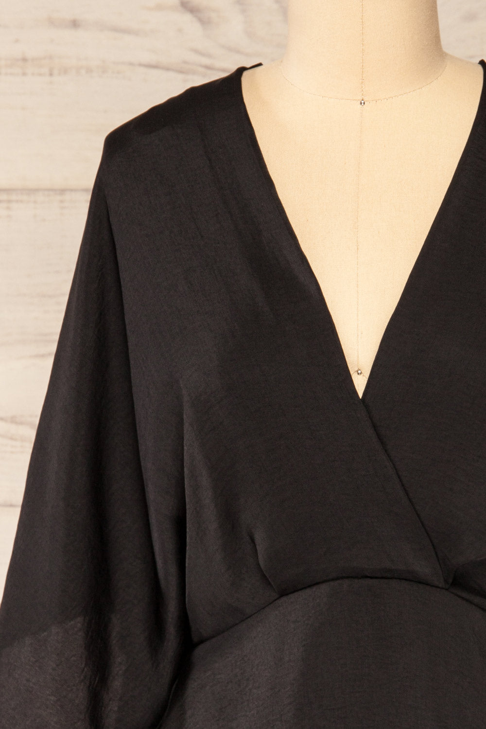 Valas Black Kimono Sleeves Wrap Neck Blouse | La petite garçonne  front close-up