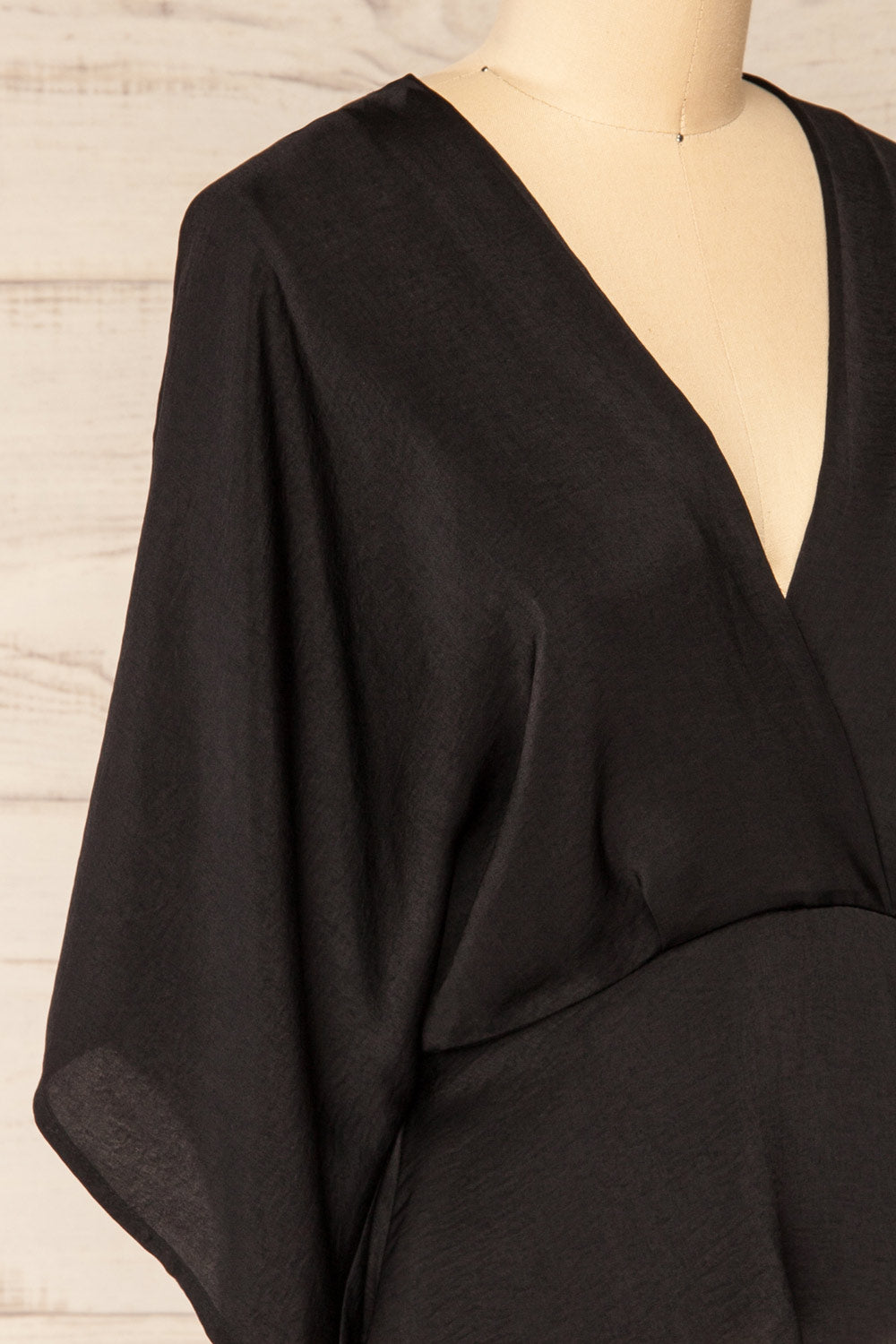 Valas Black Kimono Sleeves Wrap Neck Blouse | La petite garçonne  side close-up