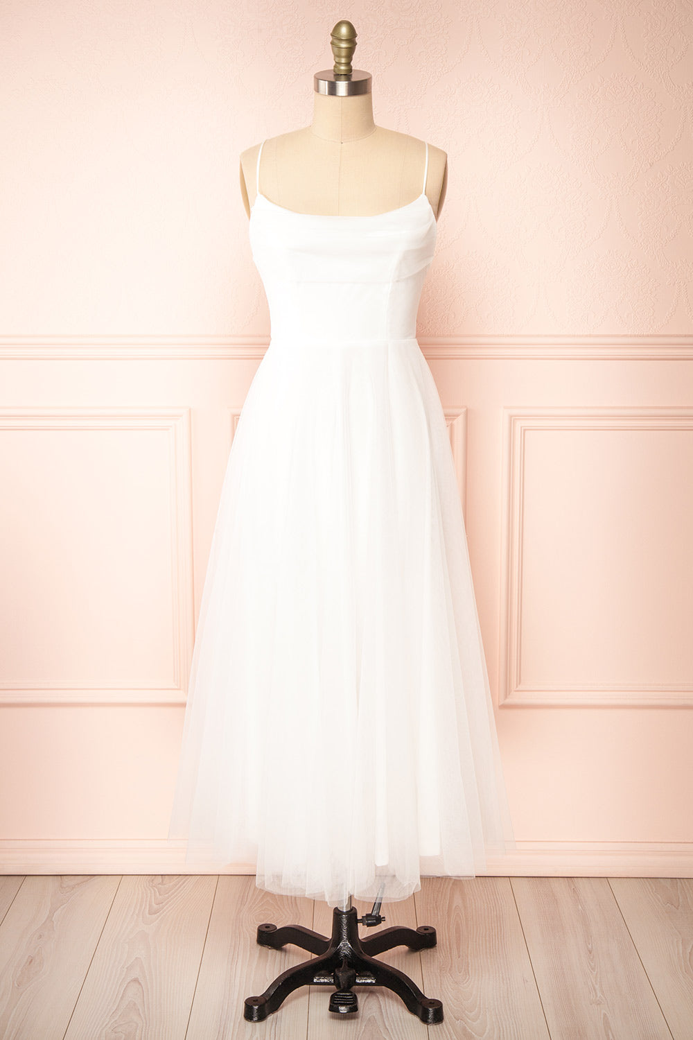 Valerie White A-Line Tulle Midi Dress | Boutique 1861 front view 