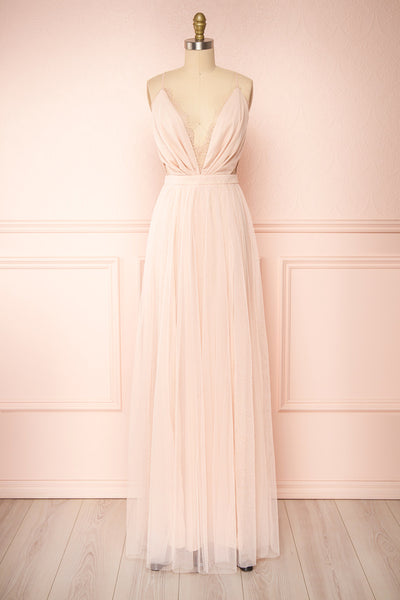 Valeska Blush V-Neck Tulle Maxi Dress w/ Lace Details | Boutique 1861 front view