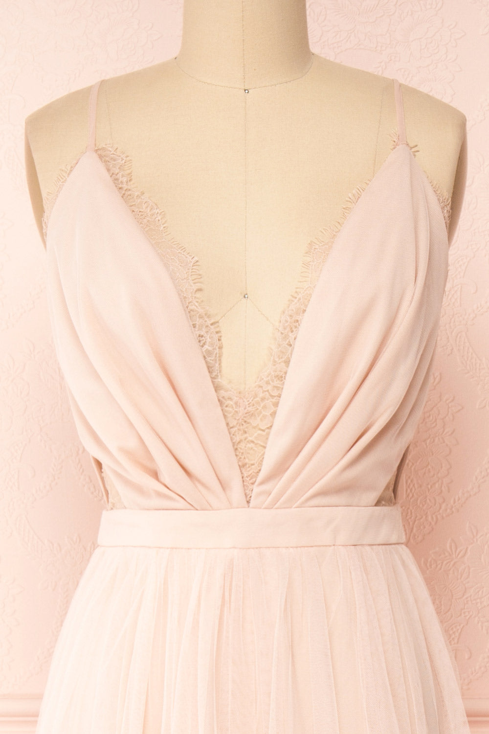 Valeska Blush V Neck Tulle Maxi Dress w Lace Details