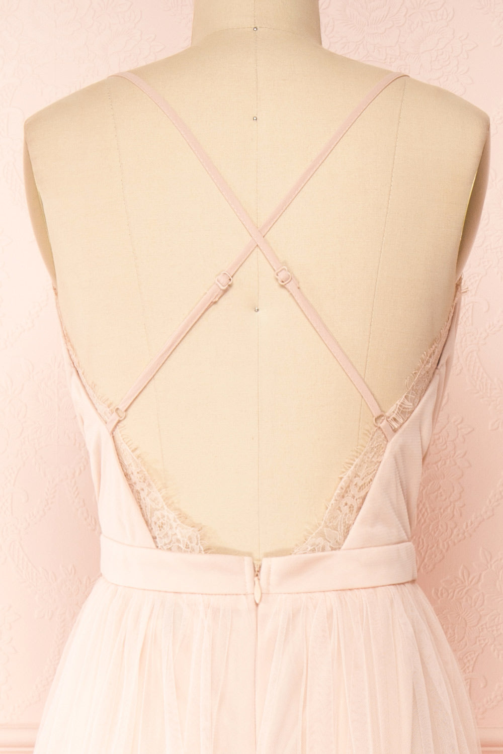 Valeska Blush V-Neck Tulle Maxi Dress w/ Lace Details | Boutique 1861 back close-up