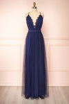 Valeska Navy V-Neck Tulle Maxi Dress w/ Lace Details | Boutique 1861 front view