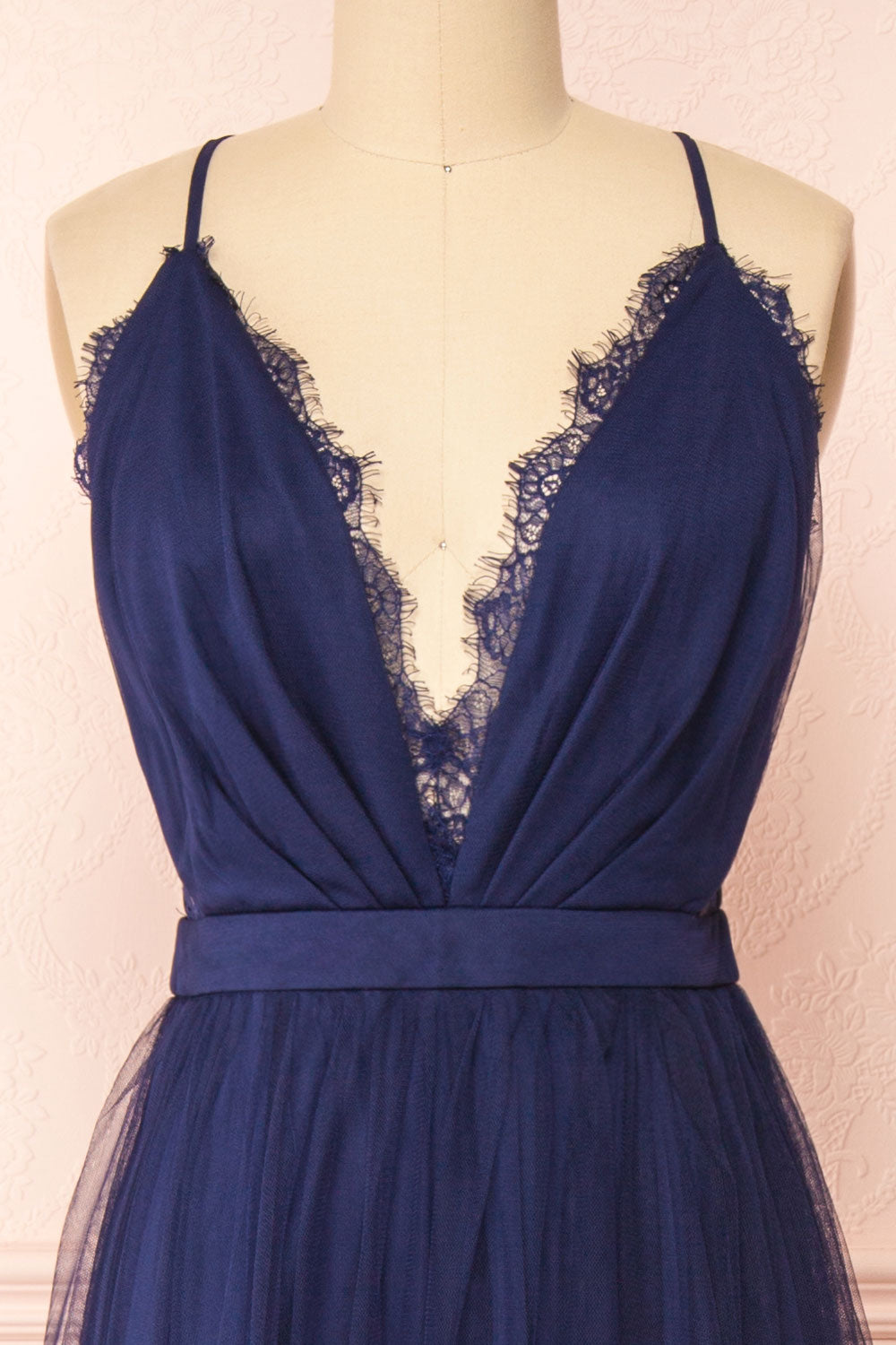 Valeska Navy V-Neck Tulle Maxi Dress w/ Lace Details | Boutique 1861 front close-up