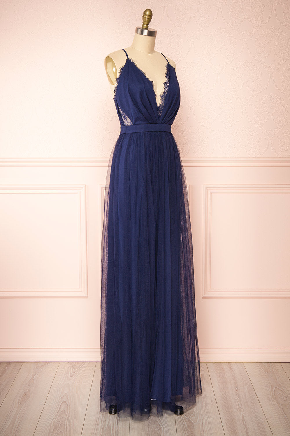 Valeska Navy V-Neck Tulle Maxi Dress w/ Lace Details | Boutique 1861 side view