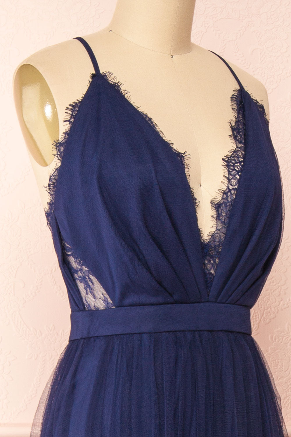 Valeska Navy V-Neck Tulle Maxi Dress w/ Lace Details | Boutique 1861 side close-up