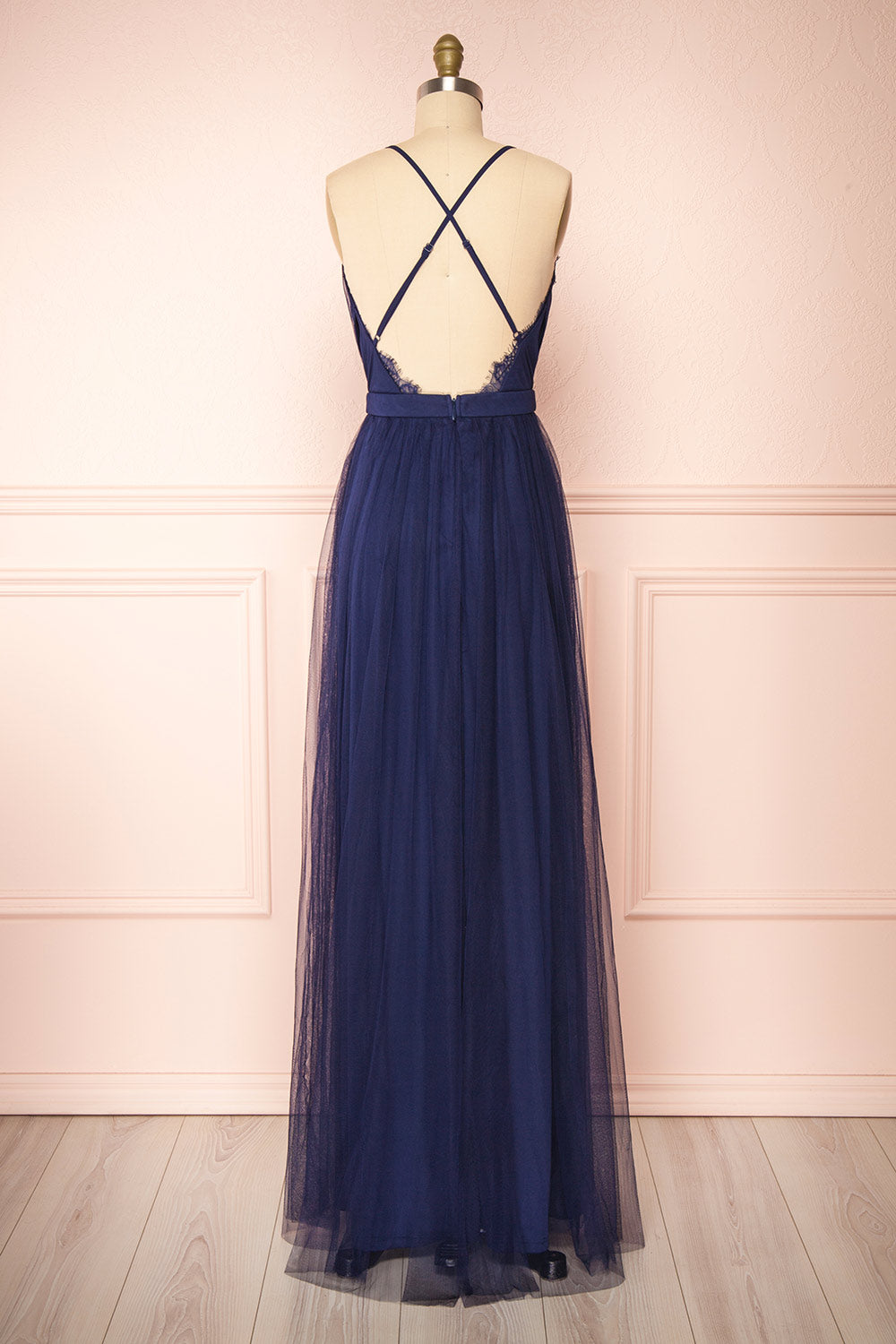 Valeska Navy V-Neck Tulle Maxi Dress w/ Lace Details | Boutique 1861 back view