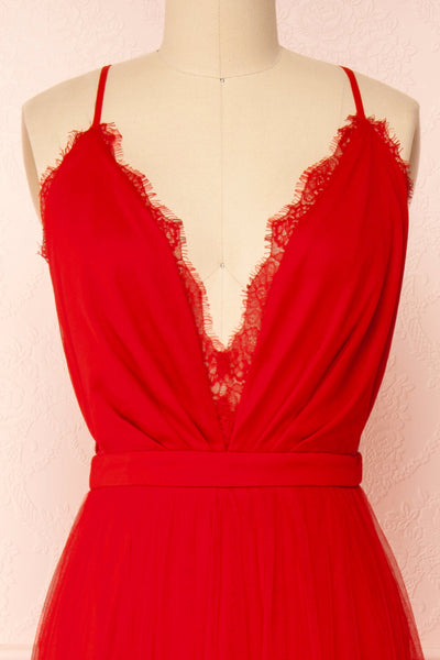 Valeska Red V-Neck Tulle Maxi Dress w/ Lace Details | Boutique 1861 front view