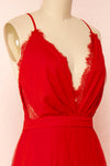 Valeska Red V-Neck Tulle Maxi Dress w/ Lace Details | Boutique 1861 side close-up