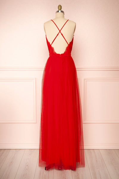 Valeska Red V-Neck Tulle Maxi Dress w/ Lace Details | Boutique 1861 back view