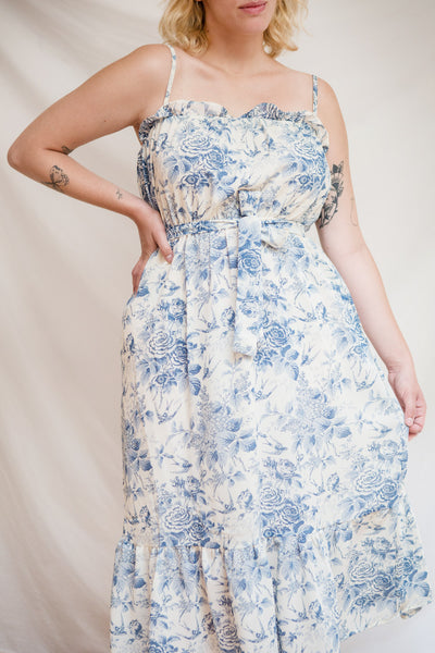 Valga Blue & White Floral Midi Dress w/ Fabric Belt | Boutique 1861 model