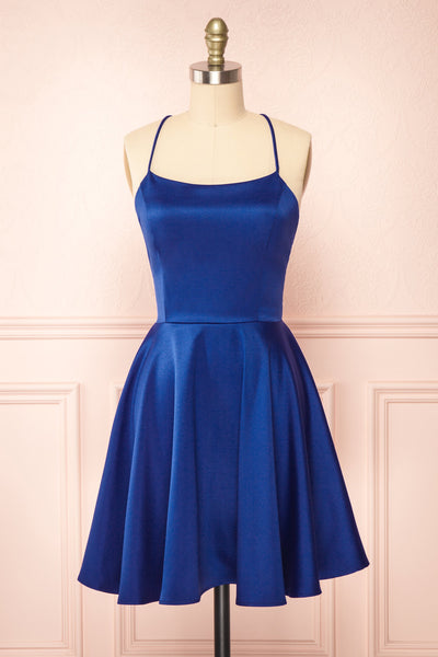 Vanessa Blue Short Satin Dress | Boutique 1861 front view