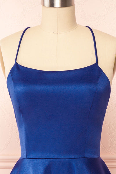 Vanessa Blue Short Satin Dress | Boutique 1861 front view