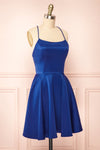 Vanessa Blue Short Satin Dress | Boutique 1861 side view