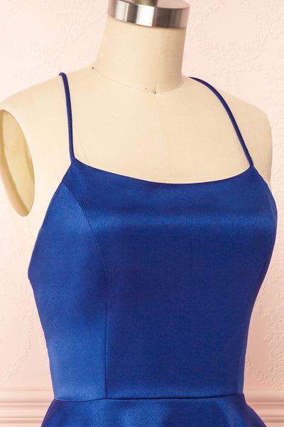 Vanessa Blue Short Satin Dress | Boutique 1861 side close up