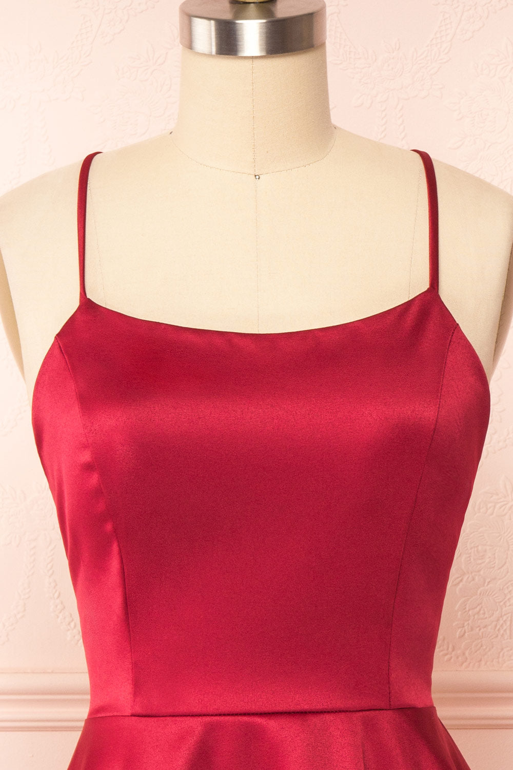 Vanessa Burgundy Satin Short Dress | Boutique 1861 close up