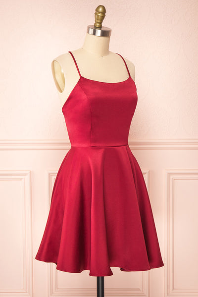 Vanessa Burgundy Satin Short Dress | Boutique 1861 side cview