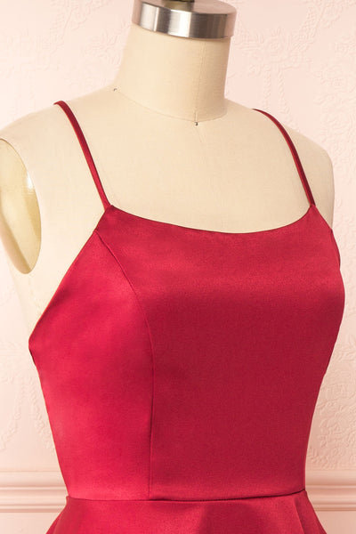 Vanessa Burgundy Satin Short Dress | Boutique 1861side close up