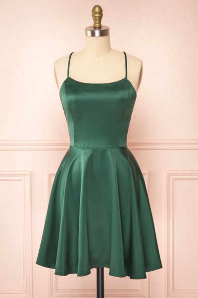 Vanessa Green Satin Short Dress | Boutique 1861  front view