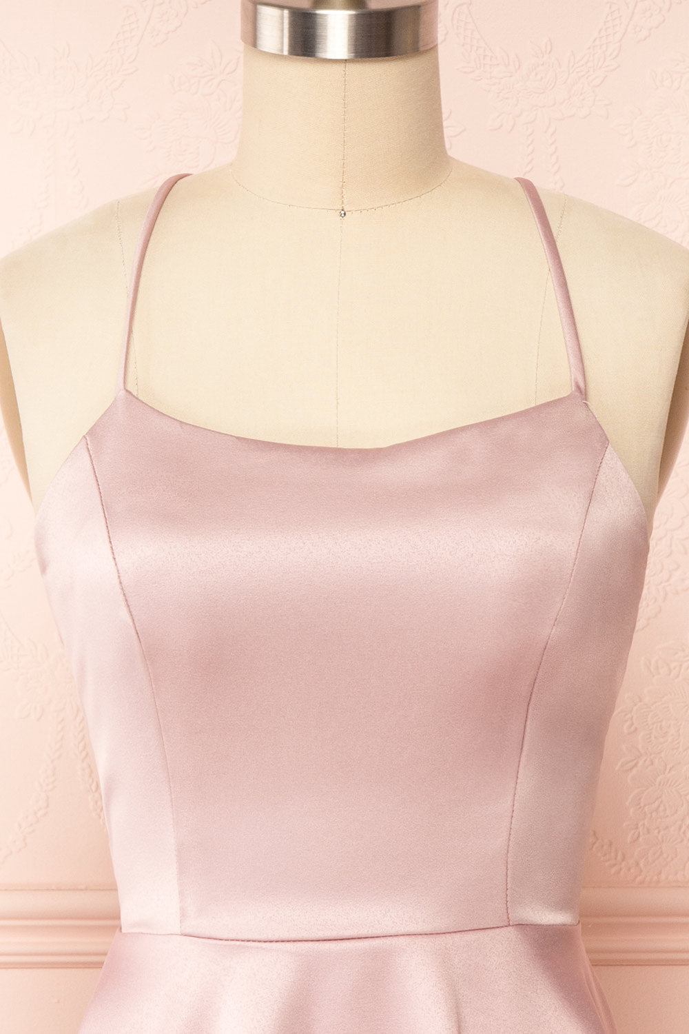 Vanessa Mauve Satin Short Dress | Boutique 1861 close up