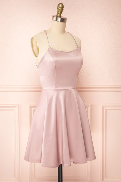 Vanessa Mauve Satin Short Dress | Boutique 1861side view